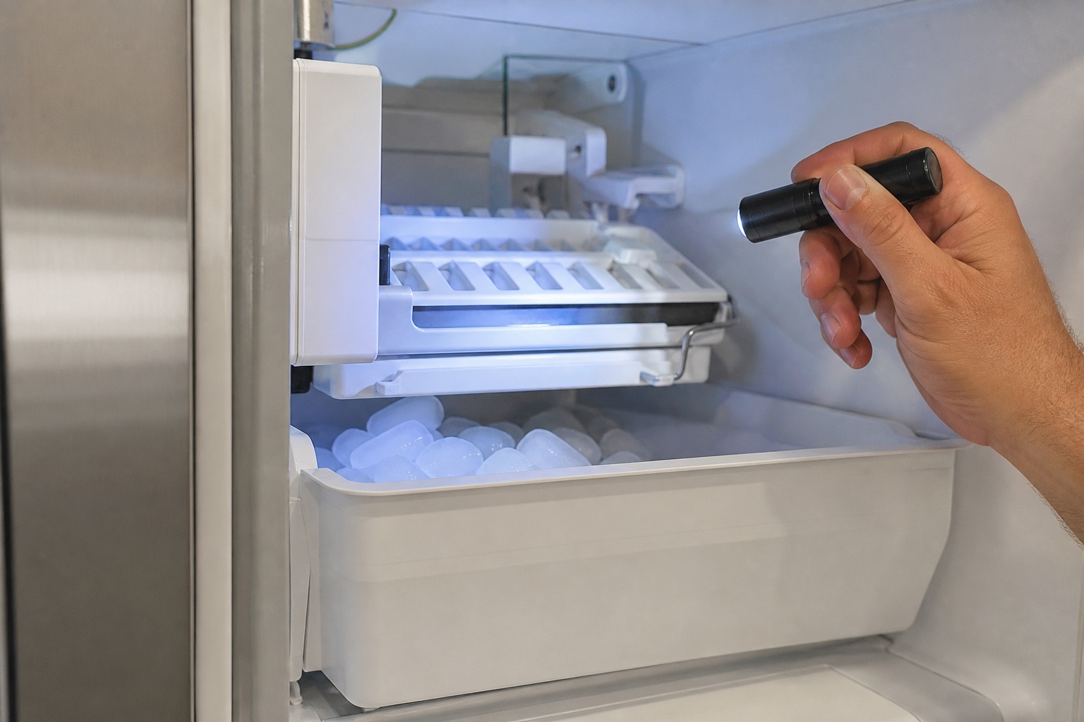 Technician checking an ice maker assembly during refrigerator diagnosis