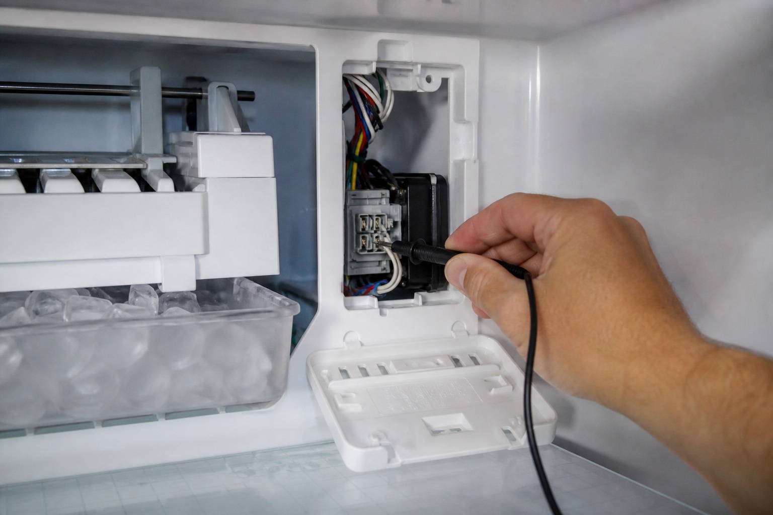 Ice maker control module and wiring connector being checked during test mode diagnosis