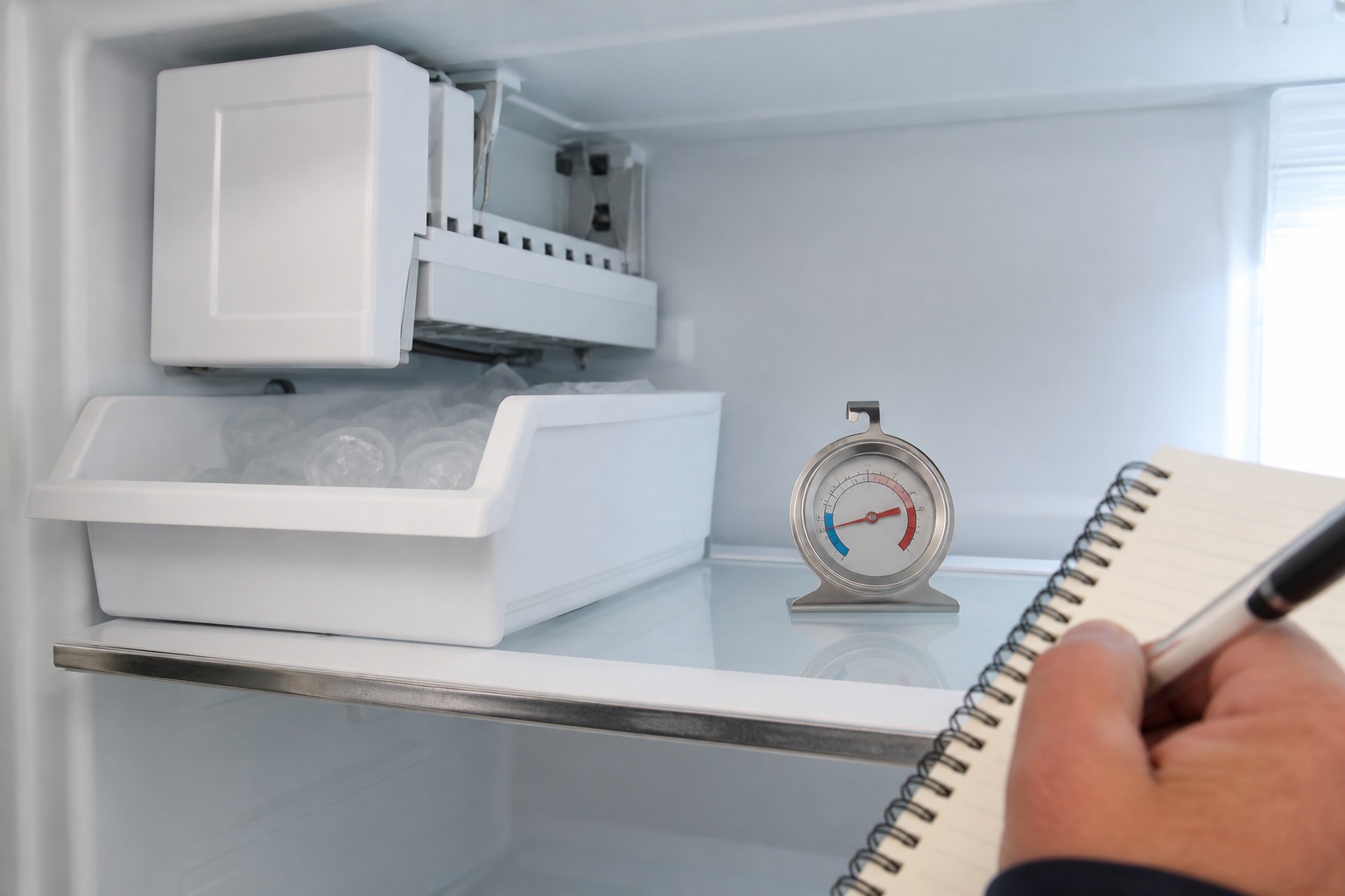 Freezer thermometer placed near an ice maker after a power outage