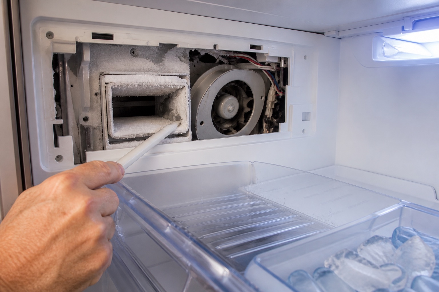 Upper ice maker air duct and fan area checked for frost and airflow restriction