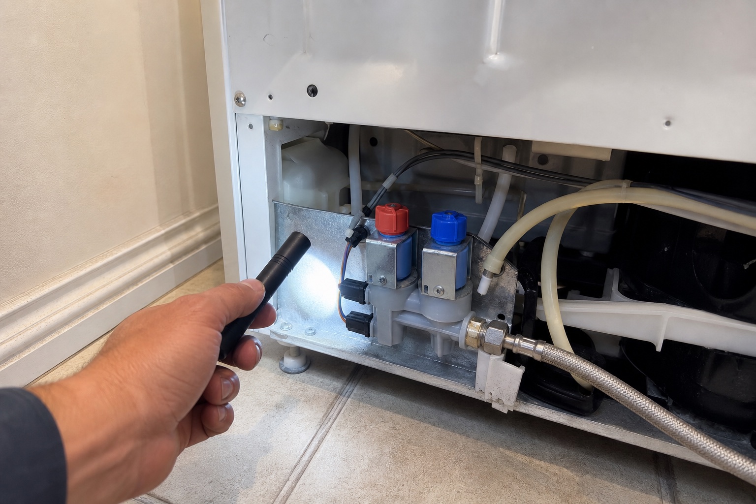Refrigerator water inlet valve and fill tubing inspected during ice maker diagnosis