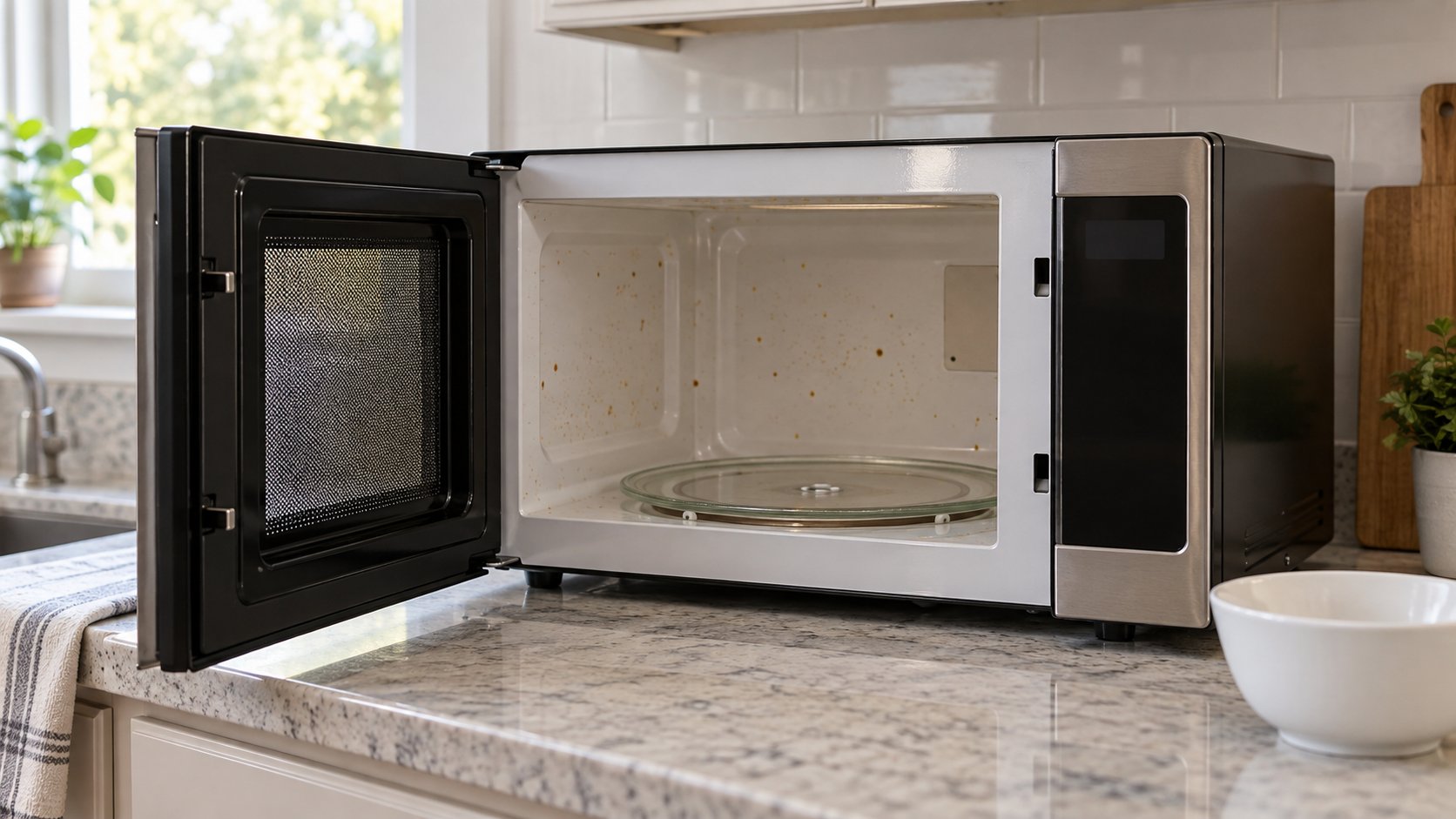 Switched-off countertop microwave with an open door, glass turntable, food spatters and an intact interior cover