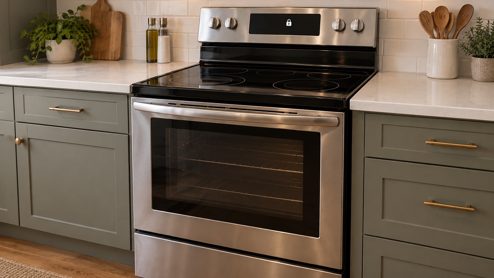 Stainless-steel electric range with its oven door closed and a padlock indicator illuminated