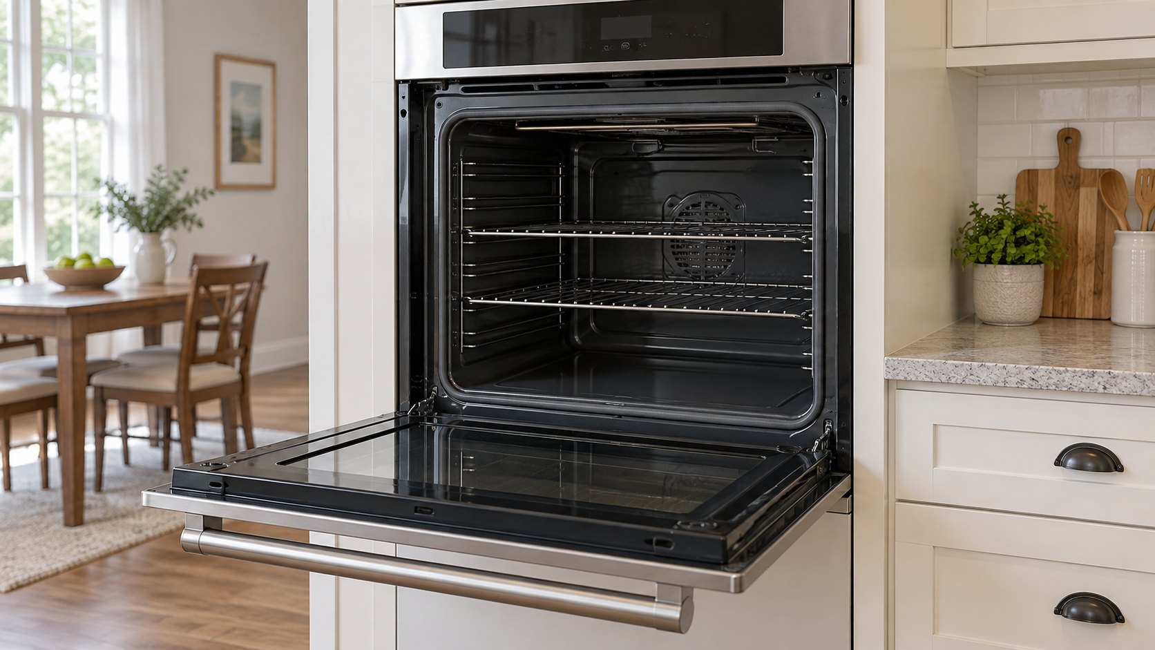 Cool electric wall oven with two racks, a smooth oven floor and a dark upper heating element