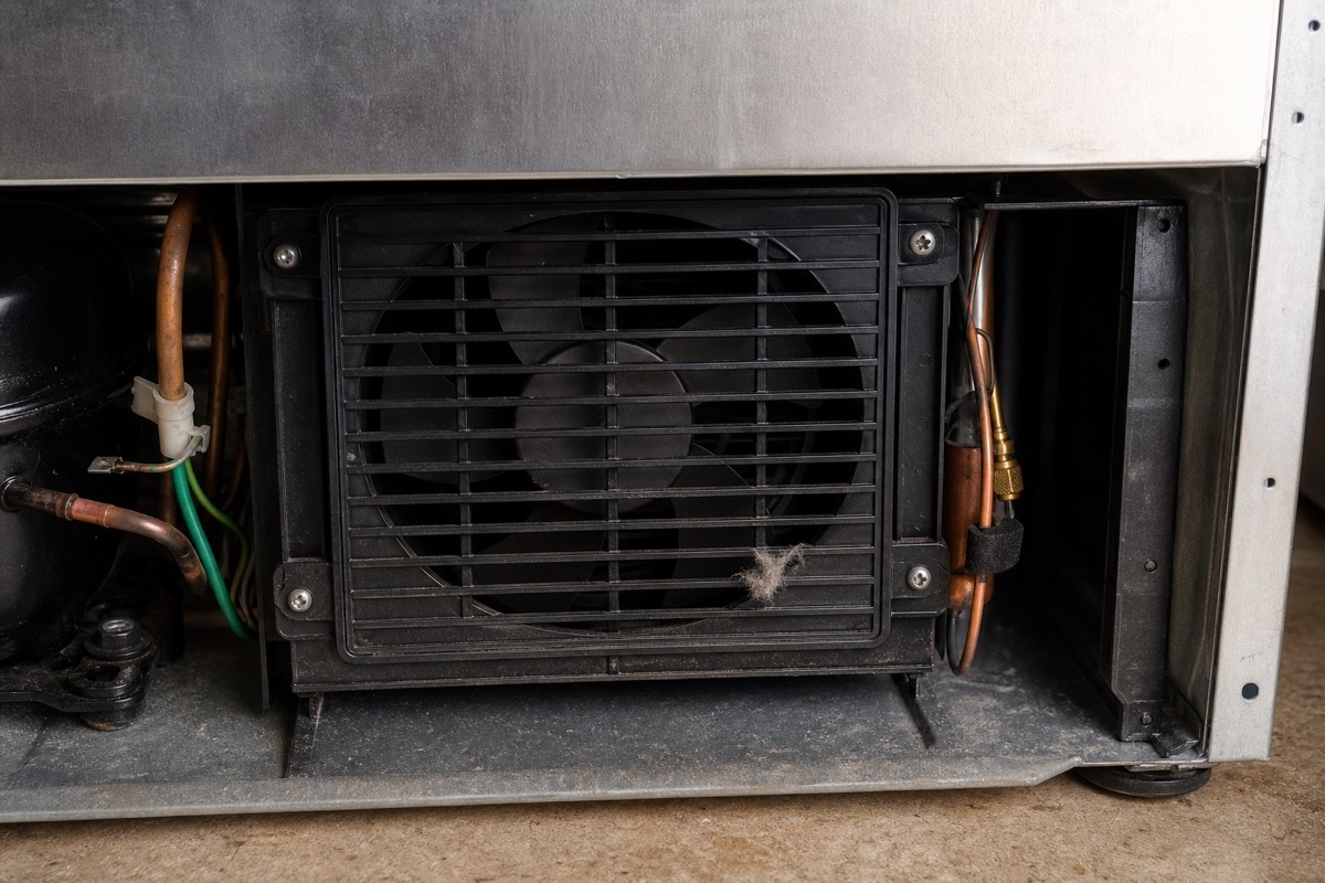 Condenser fan grille with light debris near the fan area