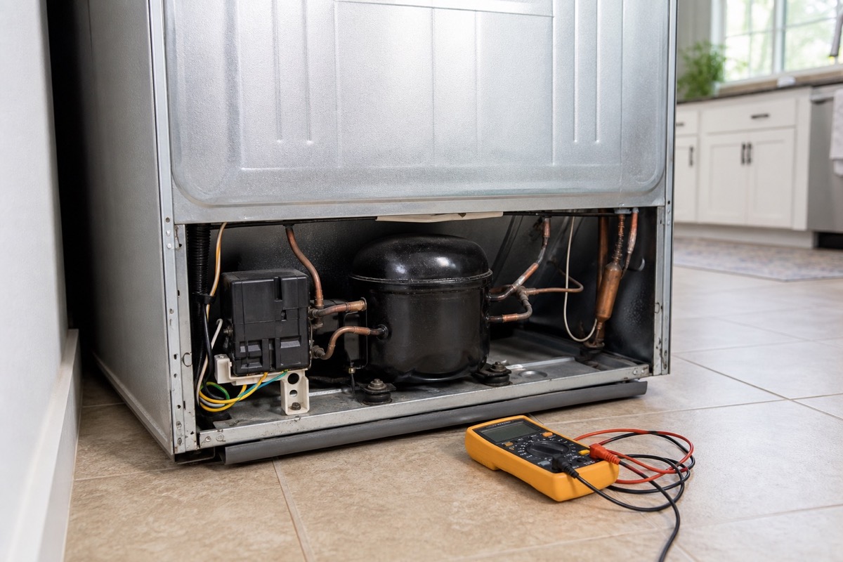 Rear refrigerator compressor area with a multimeter nearby during diagnostic inspection