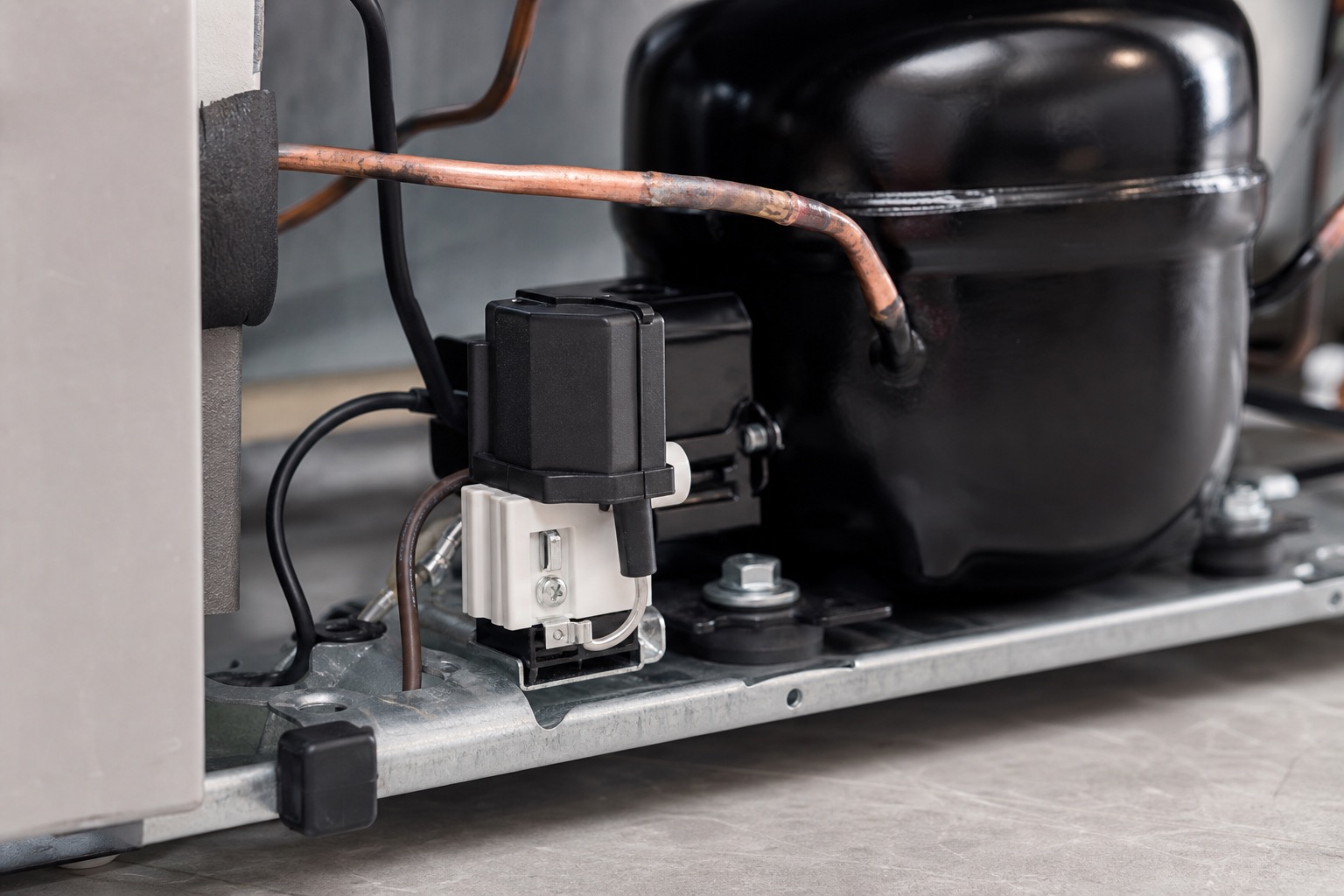 Refrigerator compressor start relay component near the compressor
