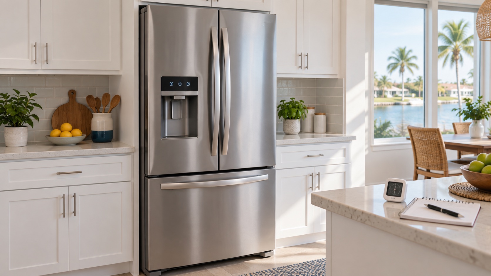 Stainless steel refrigerator beside an appliance thermometer and a notepad in a bright kitchen