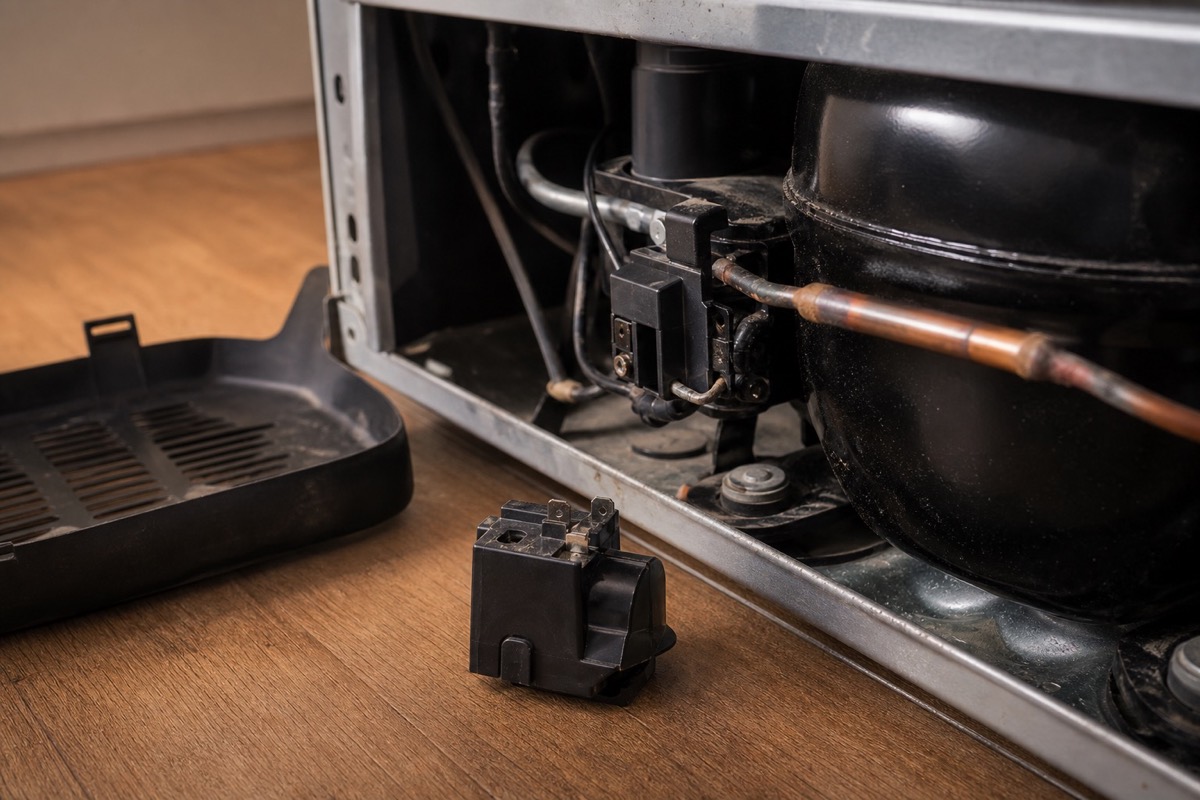 Refrigerator start relay component near the compressor during clicking diagnosis