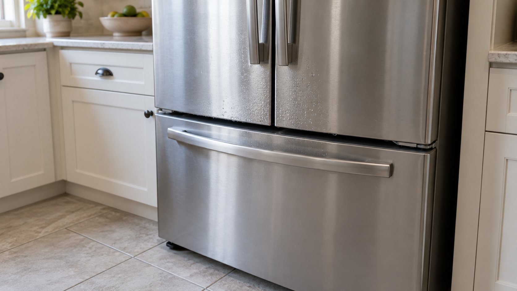 Illustration of moisture beads near closed refrigerator door edges above a dry tile floor