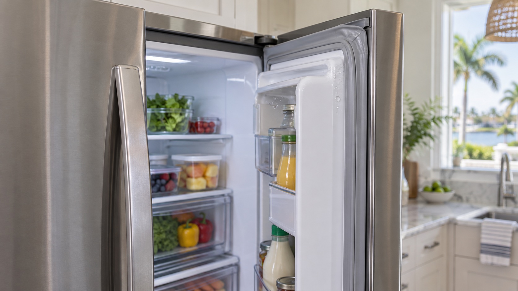 Open French-door refrigerator showing a clean door gasket with moisture near an upper corner in a Southwest Florida kitchen