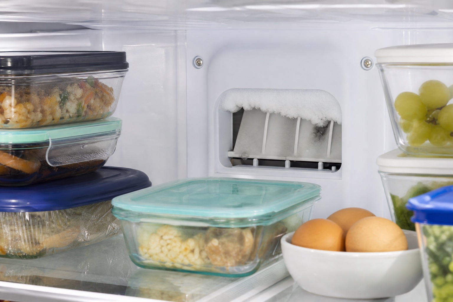 Refrigerator air damper area partly restricted by containers near the rear vent