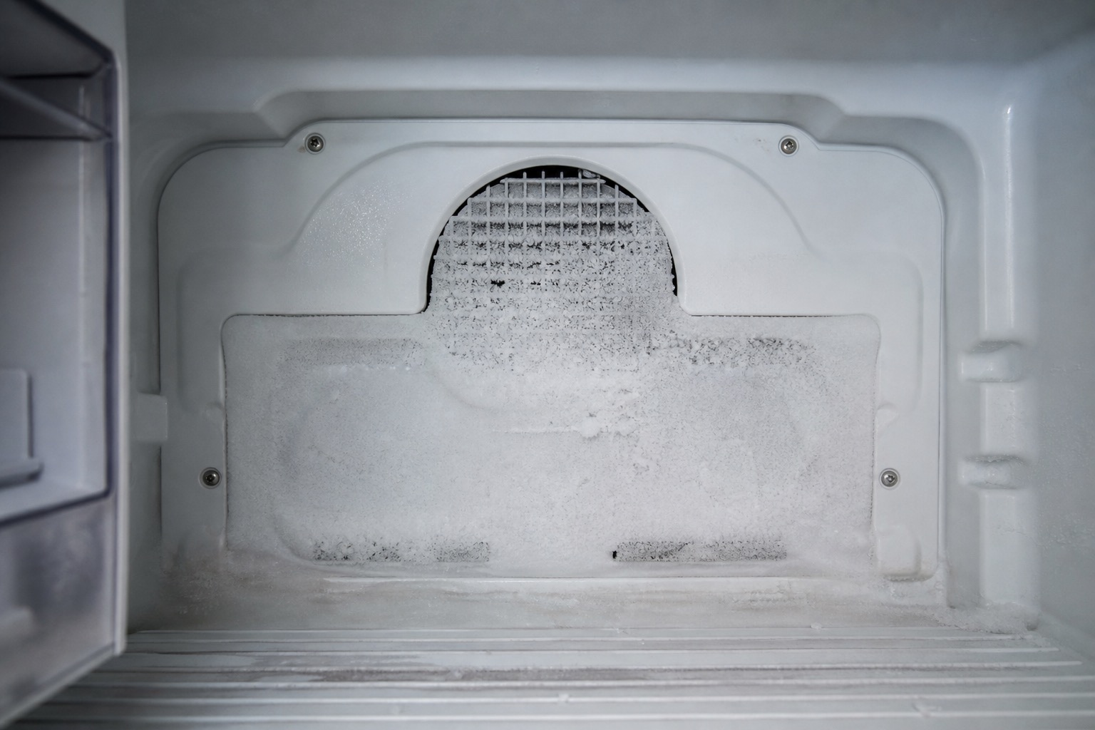 Frost buildup around the freezer evaporator fan grille area