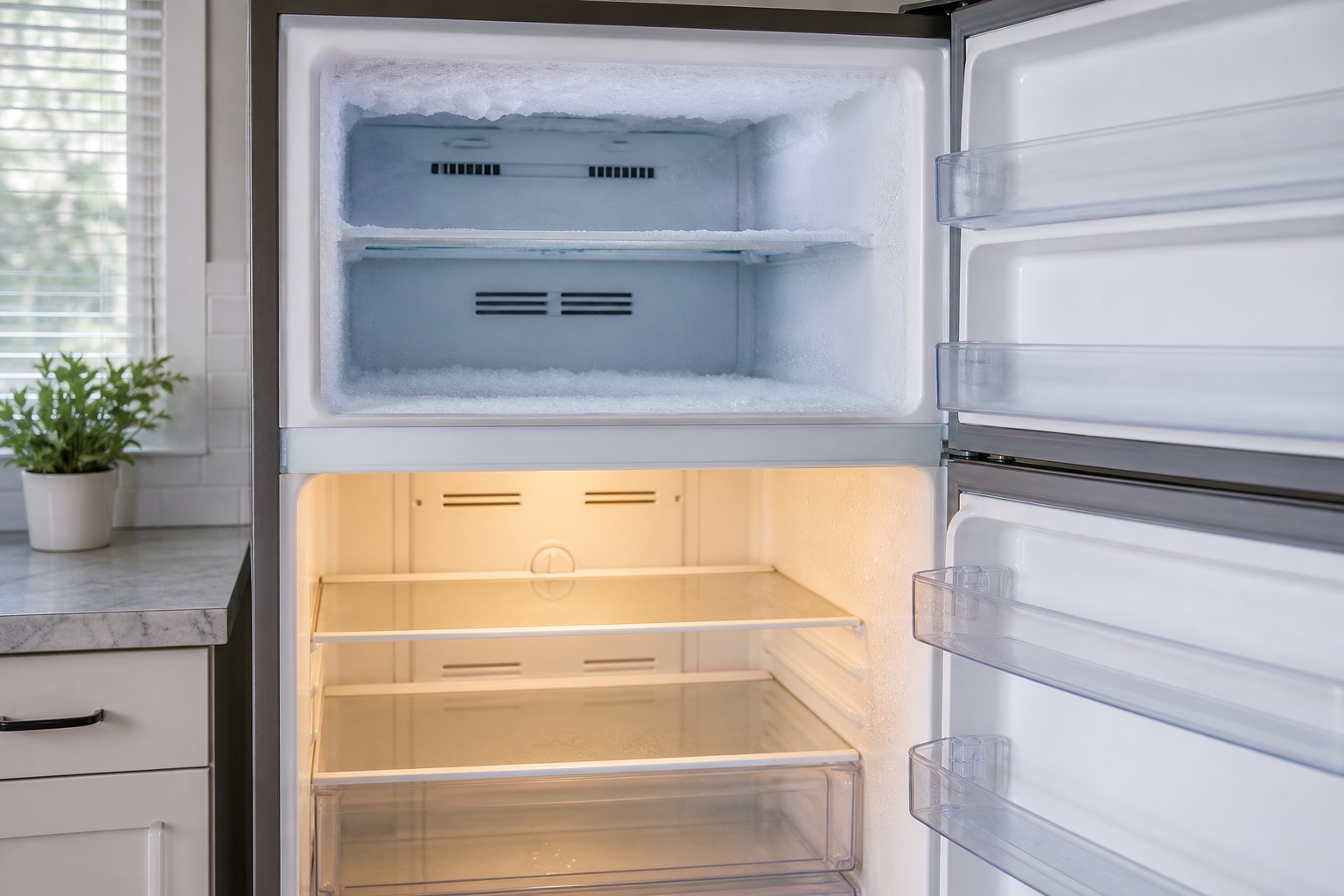 Frosty freezer above a warmer refrigerator section