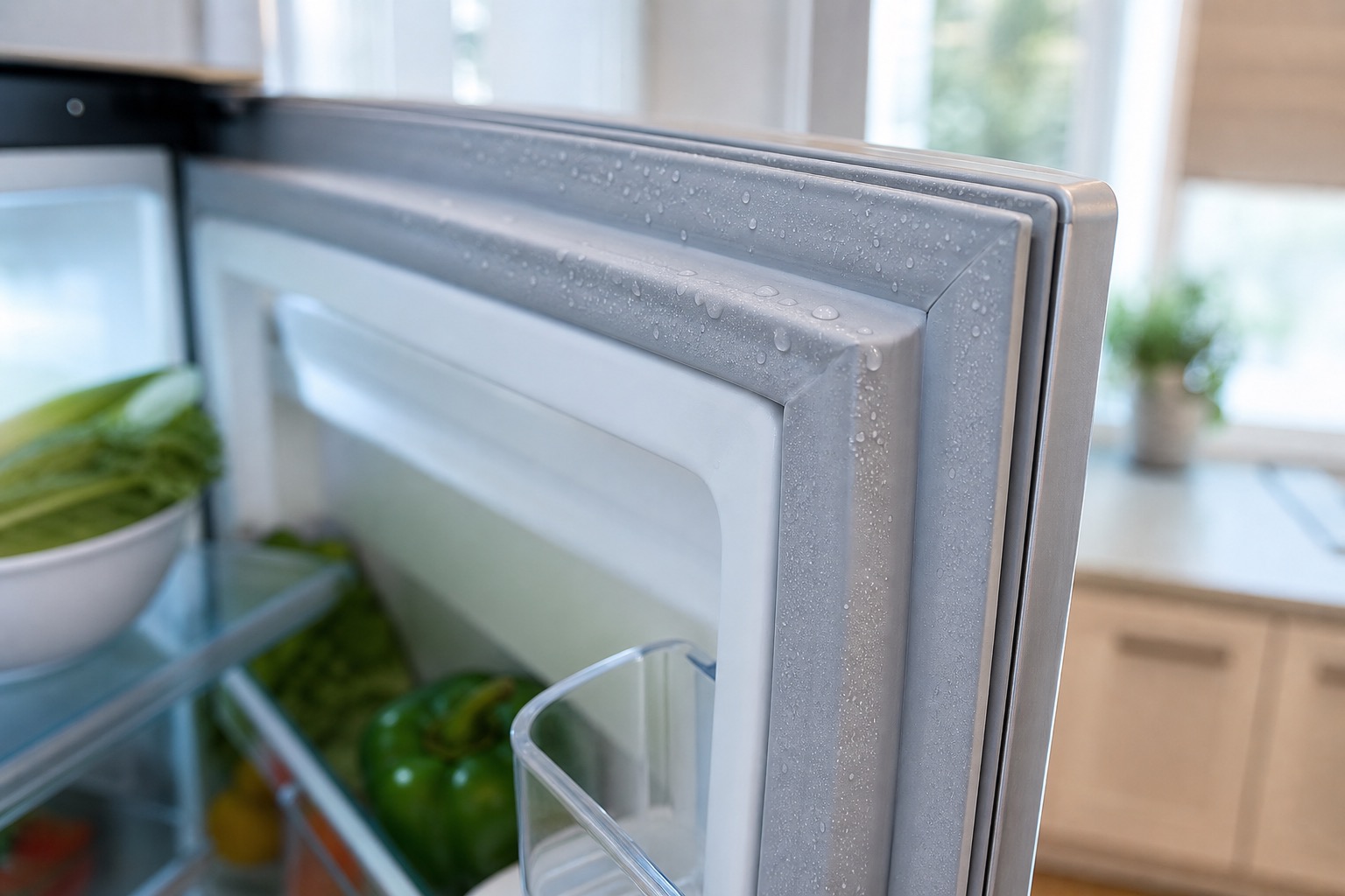 Refrigerator door gasket with light condensation along the inner edge