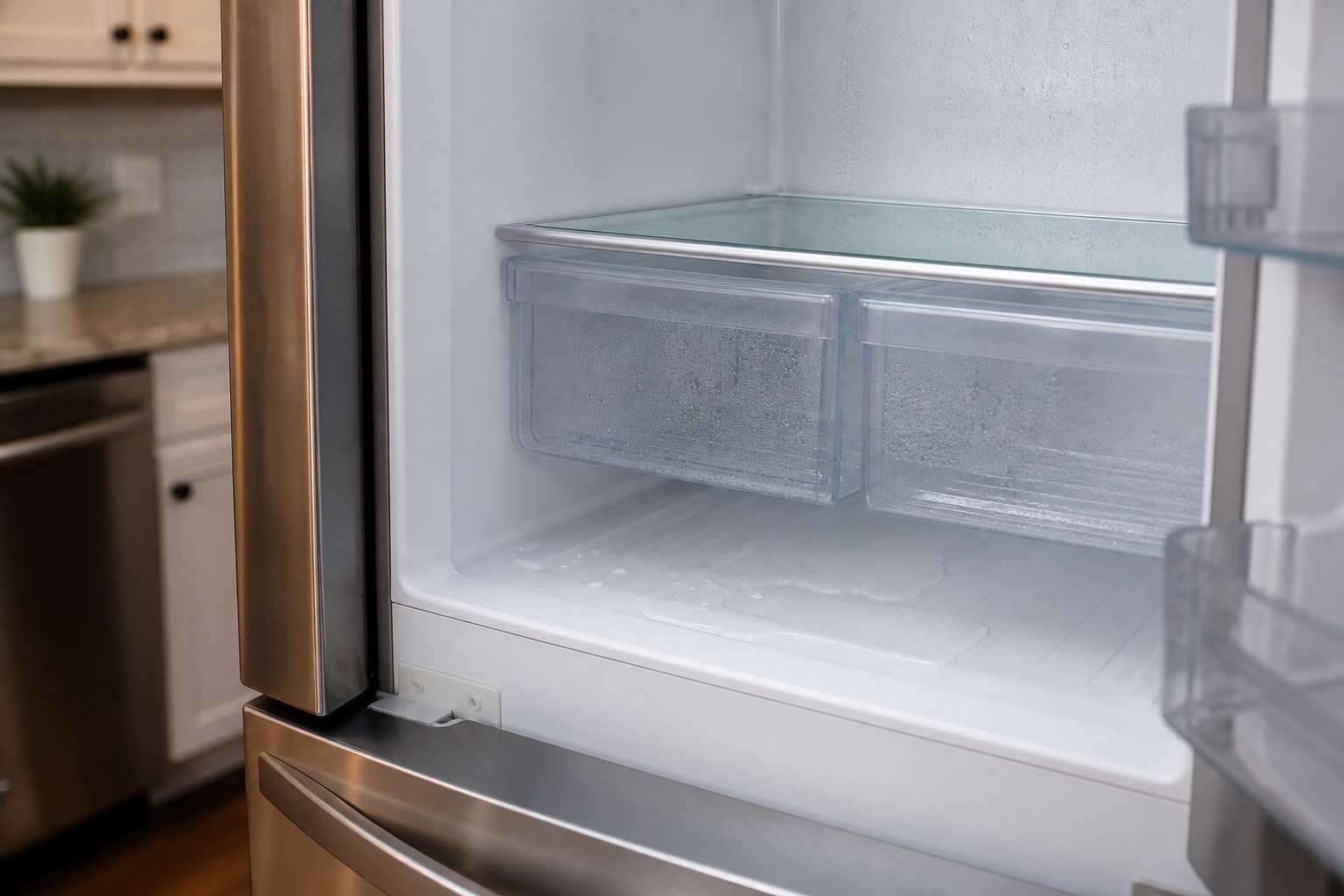 Water collecting inside a refrigerator near the lower drawers