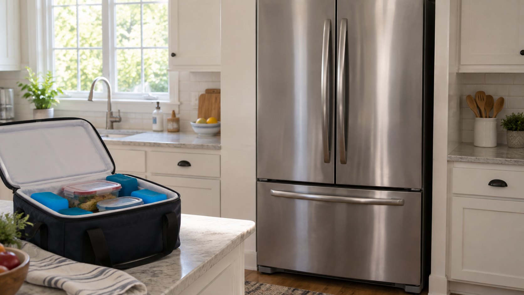 Closed refrigerator beside an insulated cooler holding sealed food containers and blue gel packs