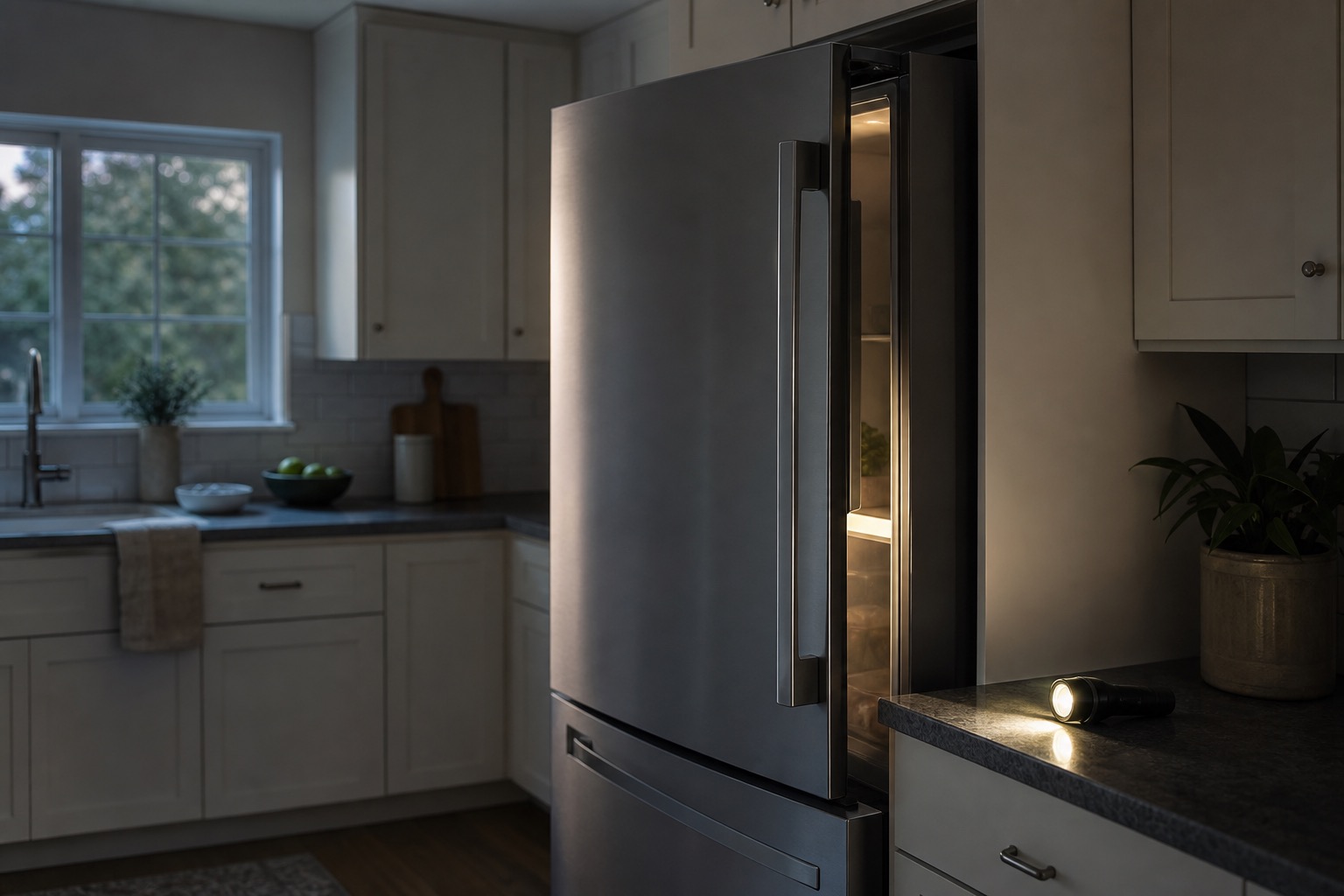 Refrigerator in a dim kitchen after a power outage with a flashlight nearby