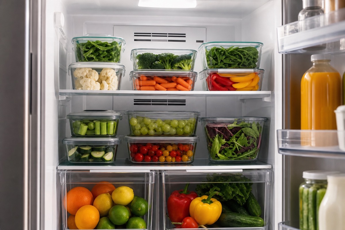 Open refrigerator with containers placed close to the rear air vents