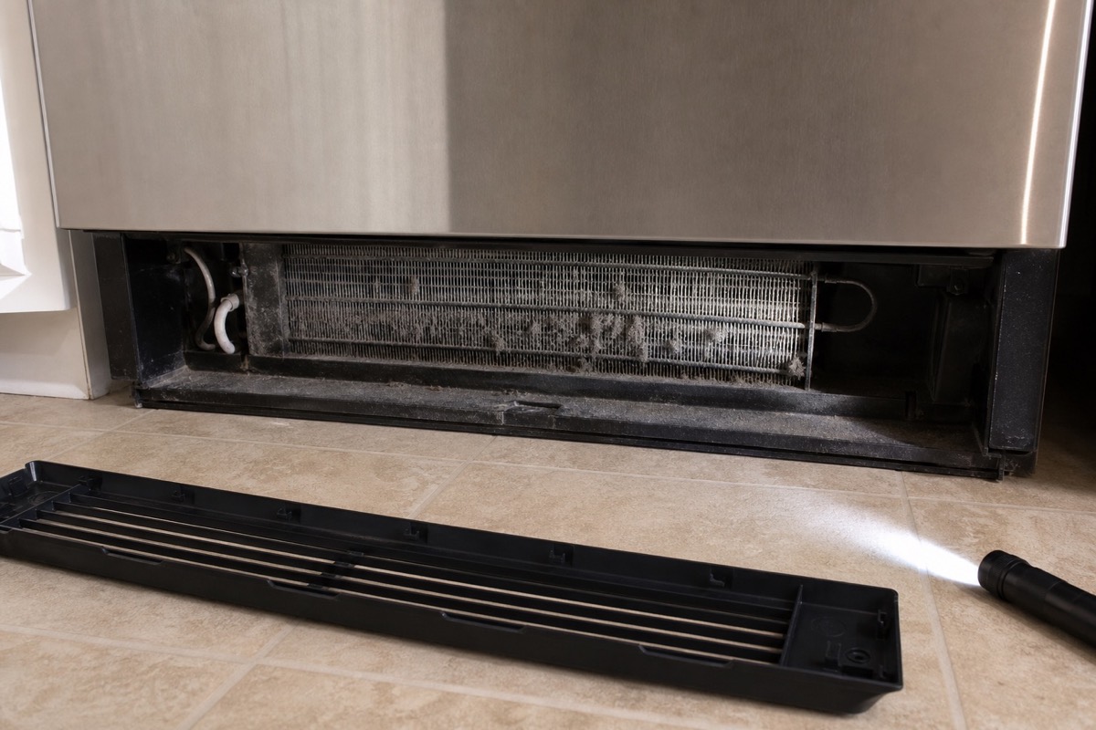 Front lower condenser coil area with the base grille removed and a flashlight nearby