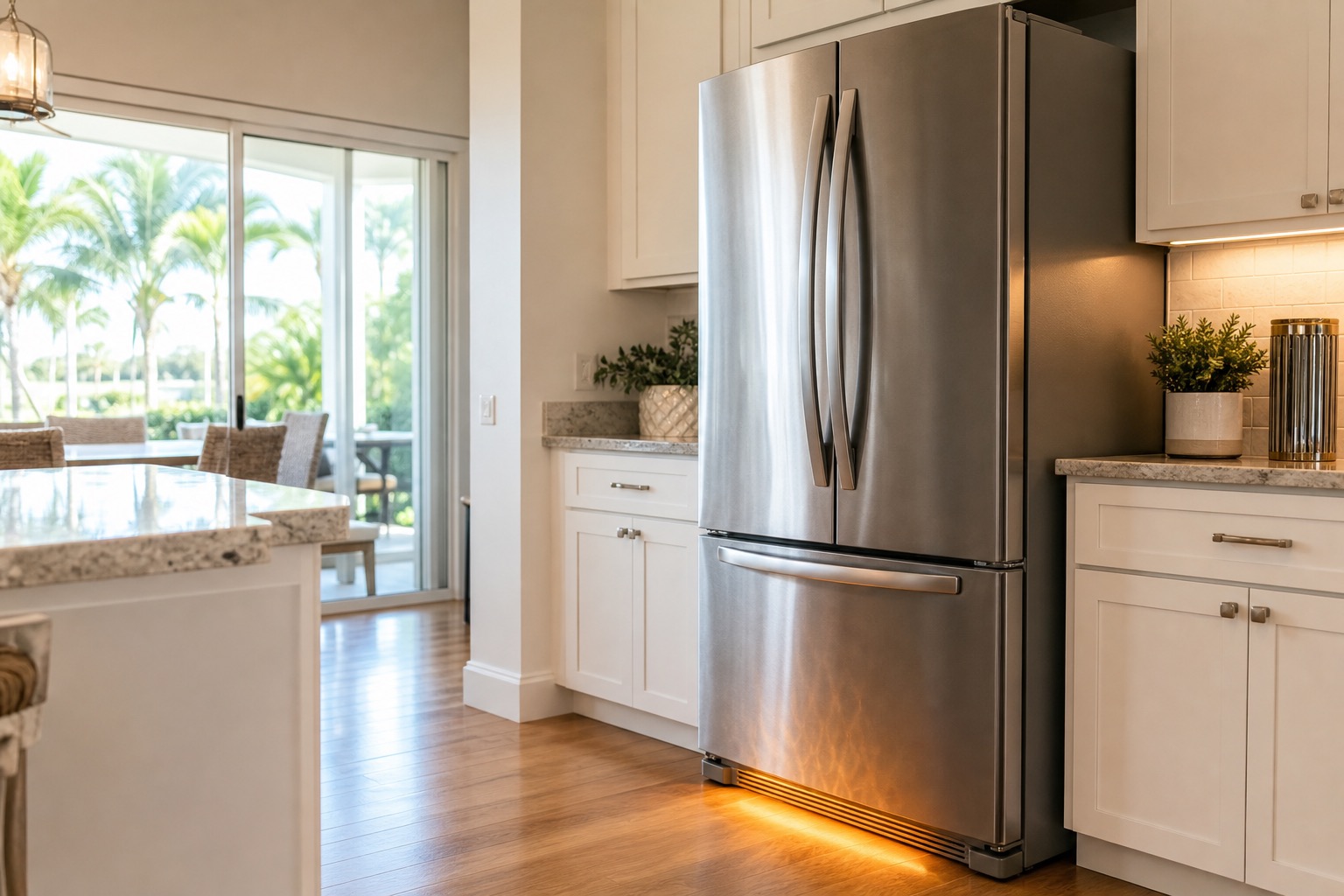 Refrigerator in a bright kitchen with lower grille area highlighted