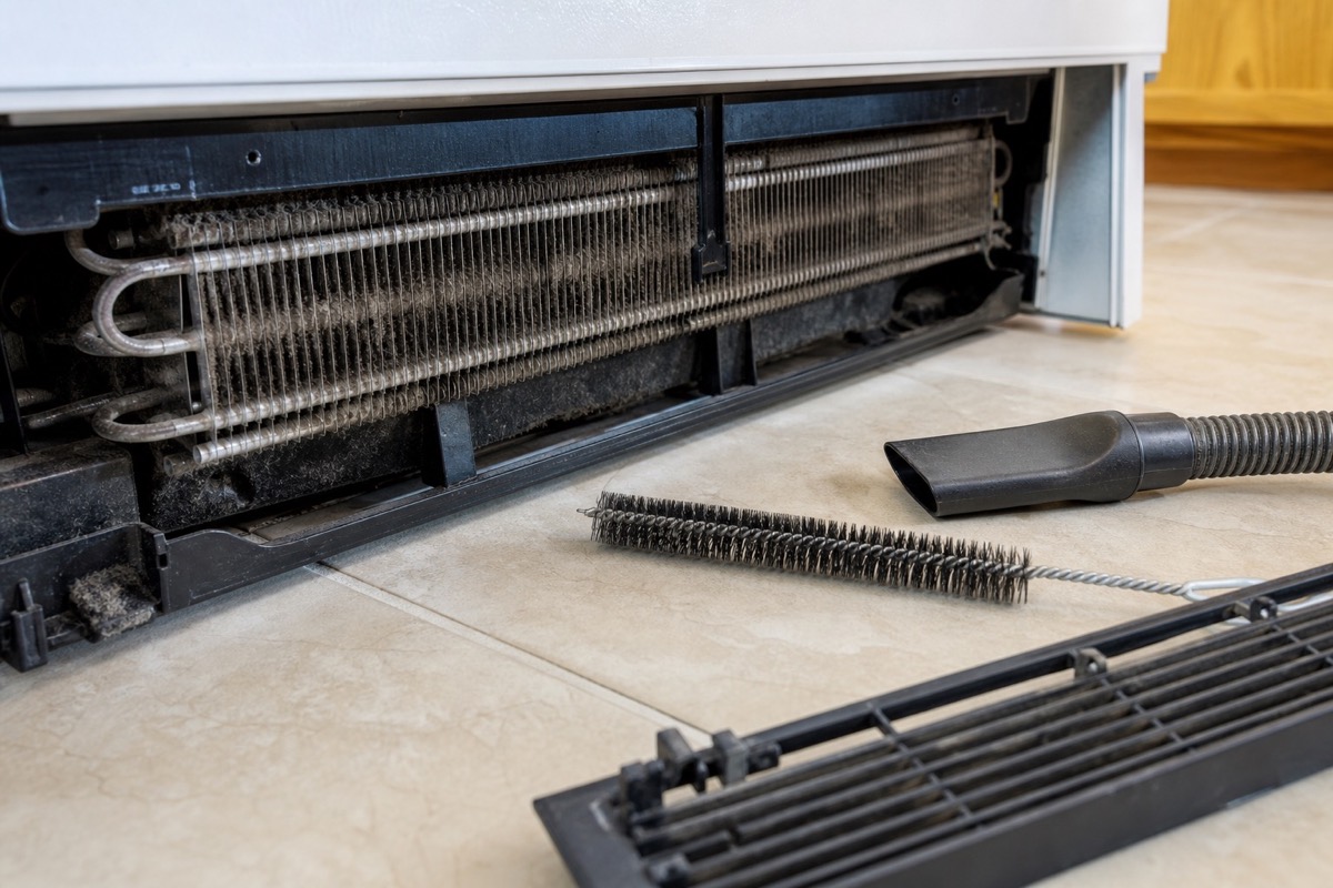 Dusty refrigerator condenser coils with a coil brush and vacuum nozzle nearby