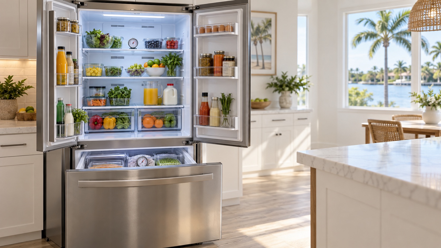 Open French-door refrigerator with appliance thermometers in the fresh-food and freezer compartments in a Southwest Florida kitchen