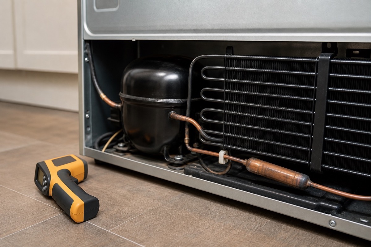 Condenser coil and copper line near a refrigerator compressor with a thermometer tool nearby
