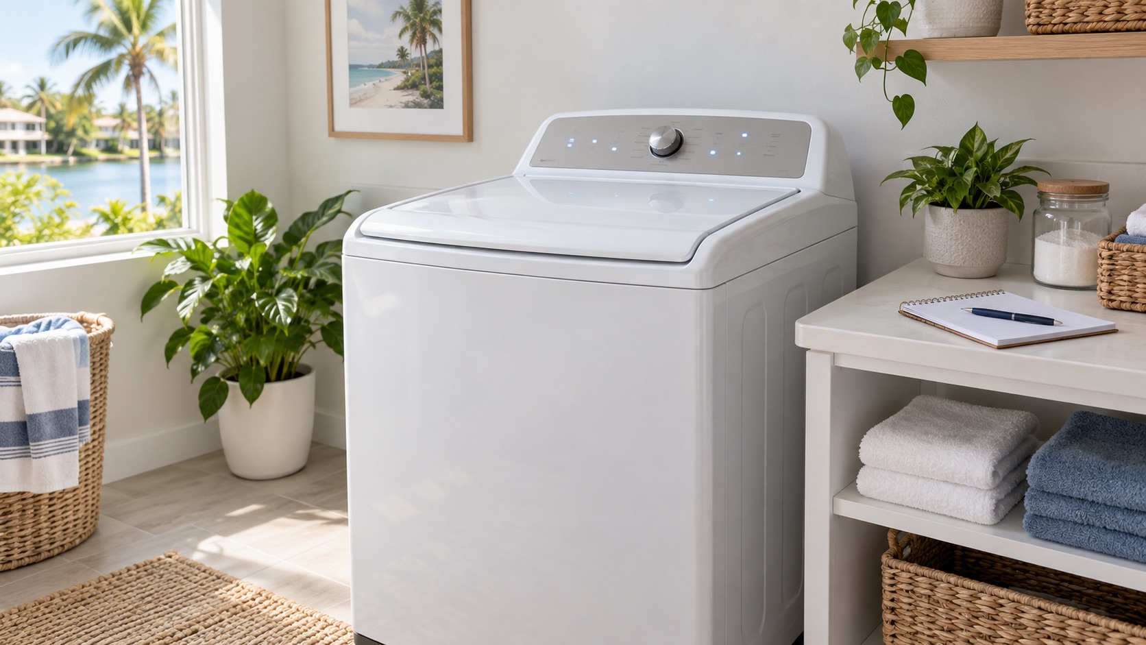 Closed white top-load washer beside a notepad in a bright laundry room