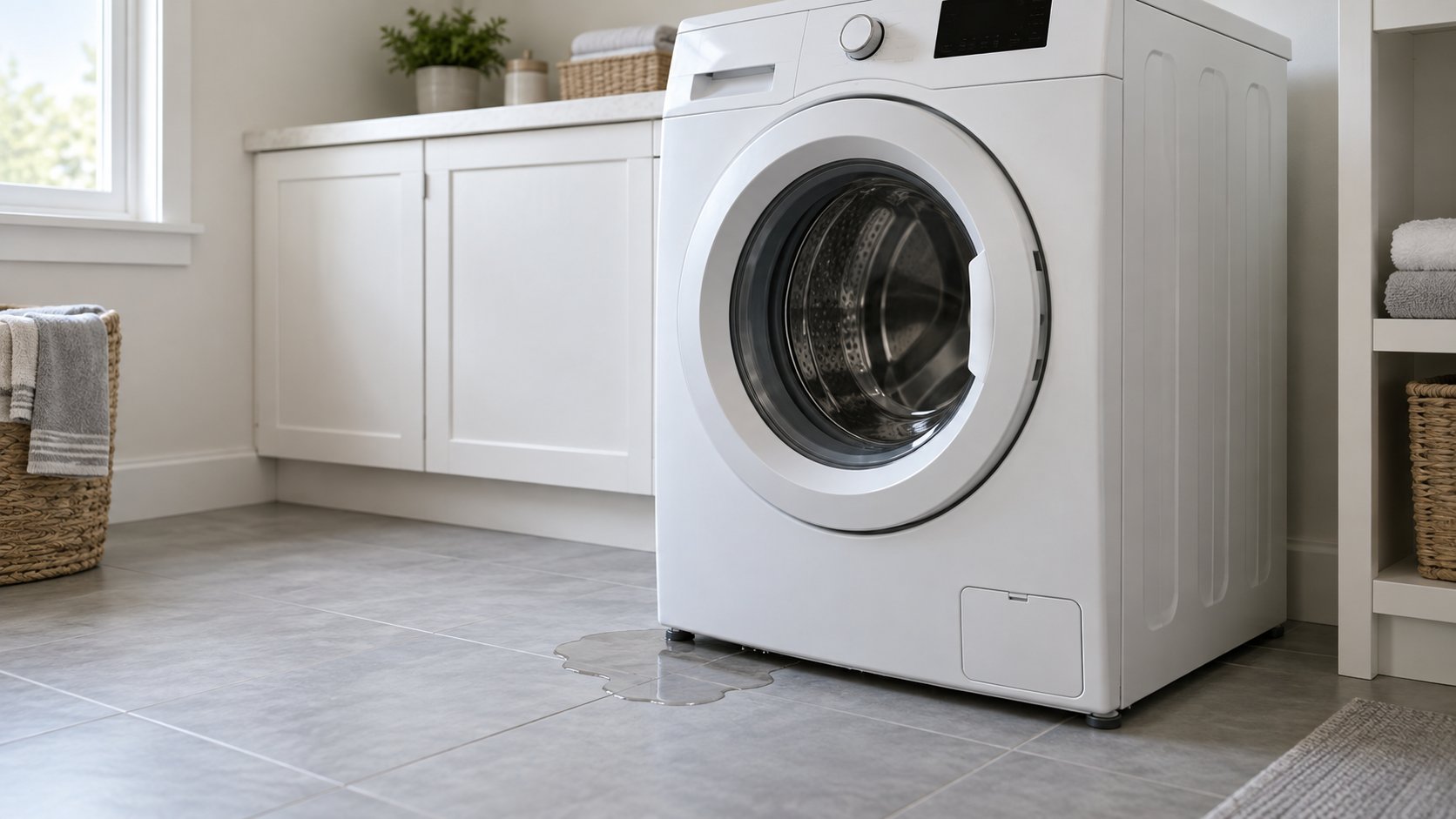 White front-load washer with a closed door and a small puddle on the tile near its base