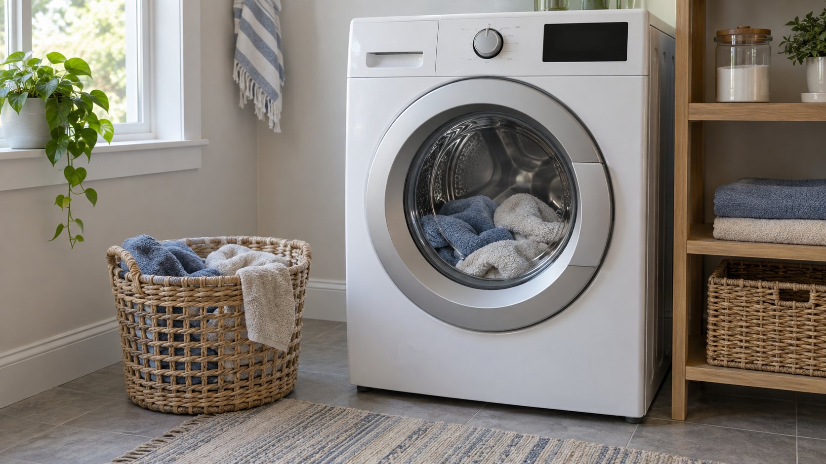 Closed front-load washer with towels in the drum and a laundry basket beside it