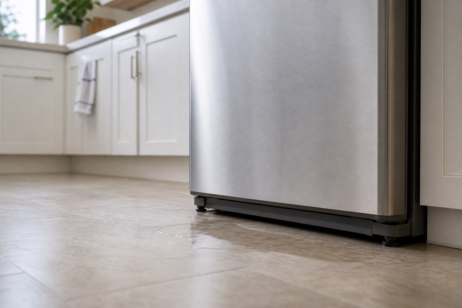 Small puddle of water on the floor beneath a refrigerator