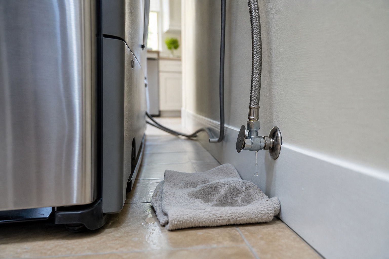 Water supply line and shutoff valve behind a refrigerator with a small drip