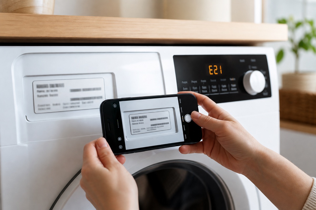 Customer photographing a generic appliance model label and display code before requesting service