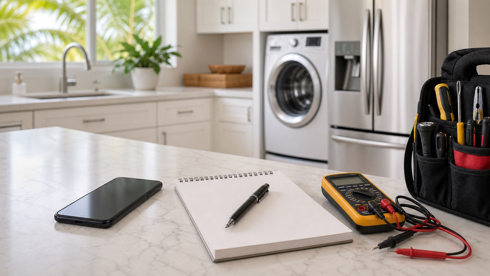 Appliance repair contact and scheduling visual in a bright Southwest Florida home