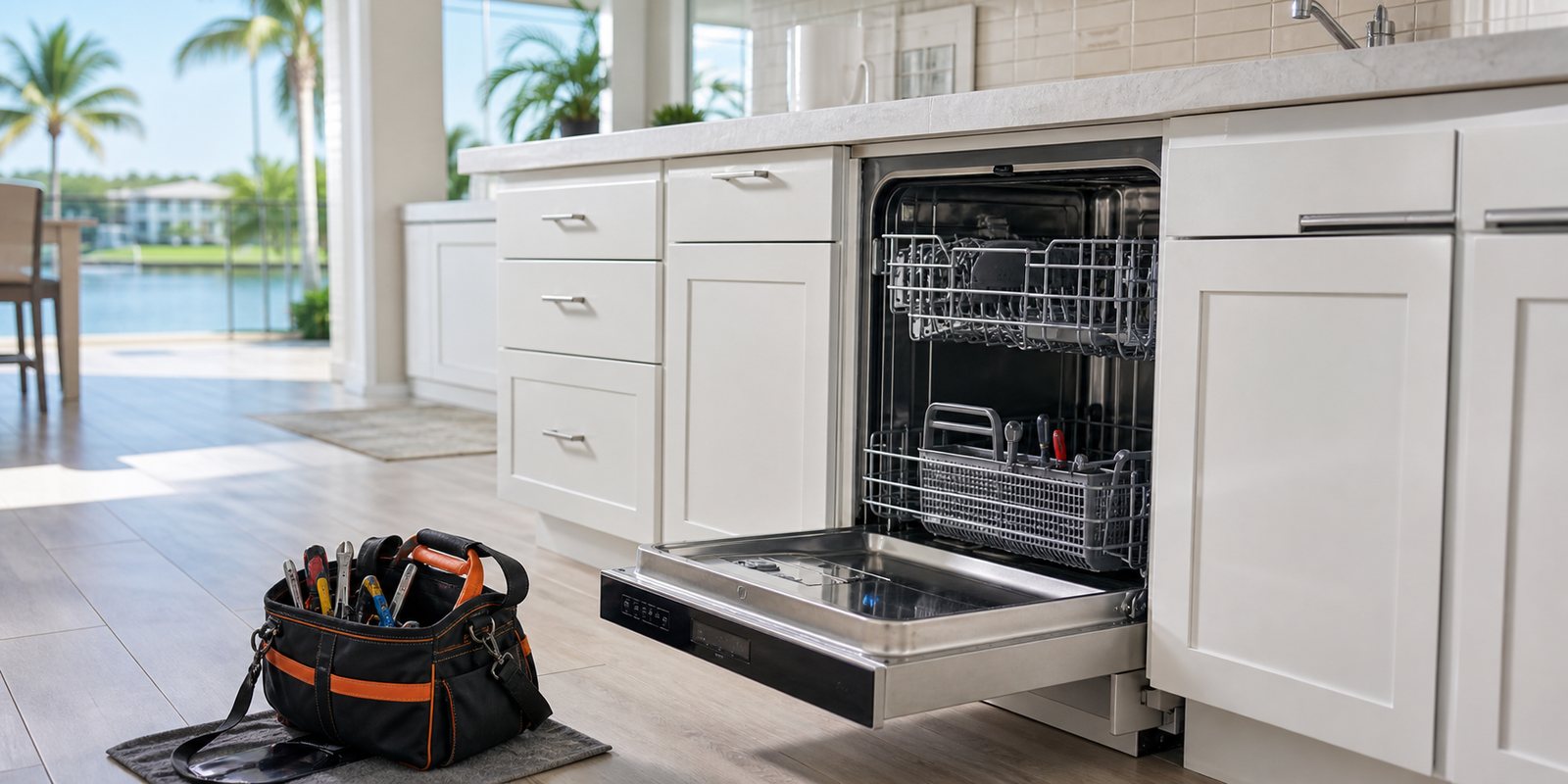 Dishwasher repair service visual in a bright Southwest Florida kitchen
