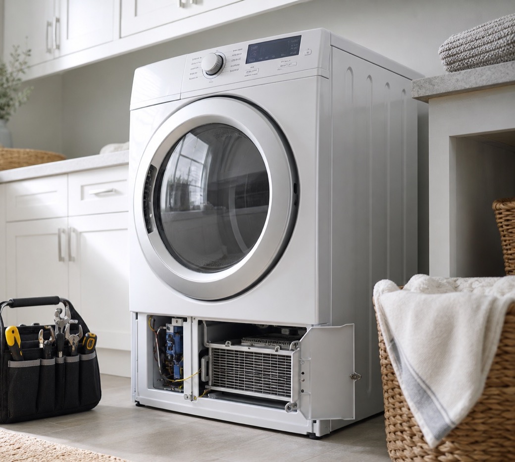 Dryer repair service visual in a bright Southwest Florida laundry room