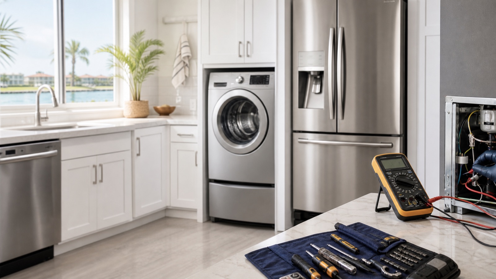 Appliance repair FAQ support visual in a bright Southwest Florida home