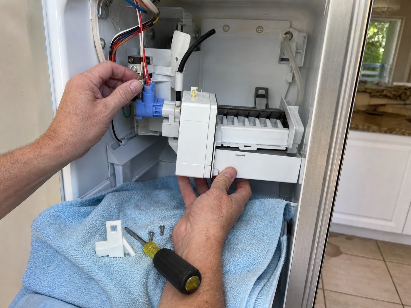 Technician repairing a refrigerator ice maker assembly