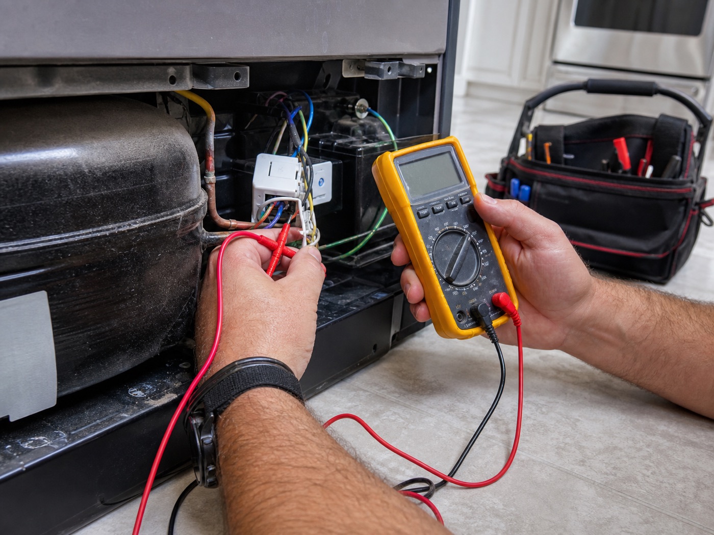 Technician using a multimeter for refrigerator diagnostics
