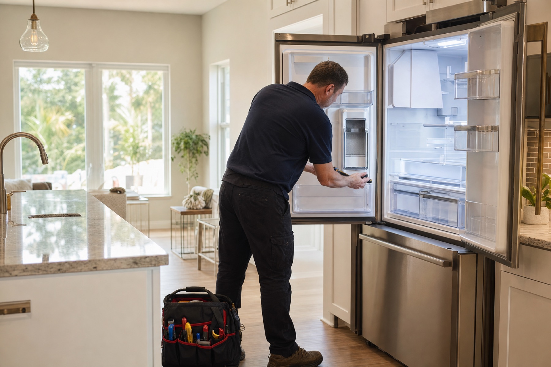 Technician inspecting an open refrigerator during a Fort Myers refrigerator repair visit