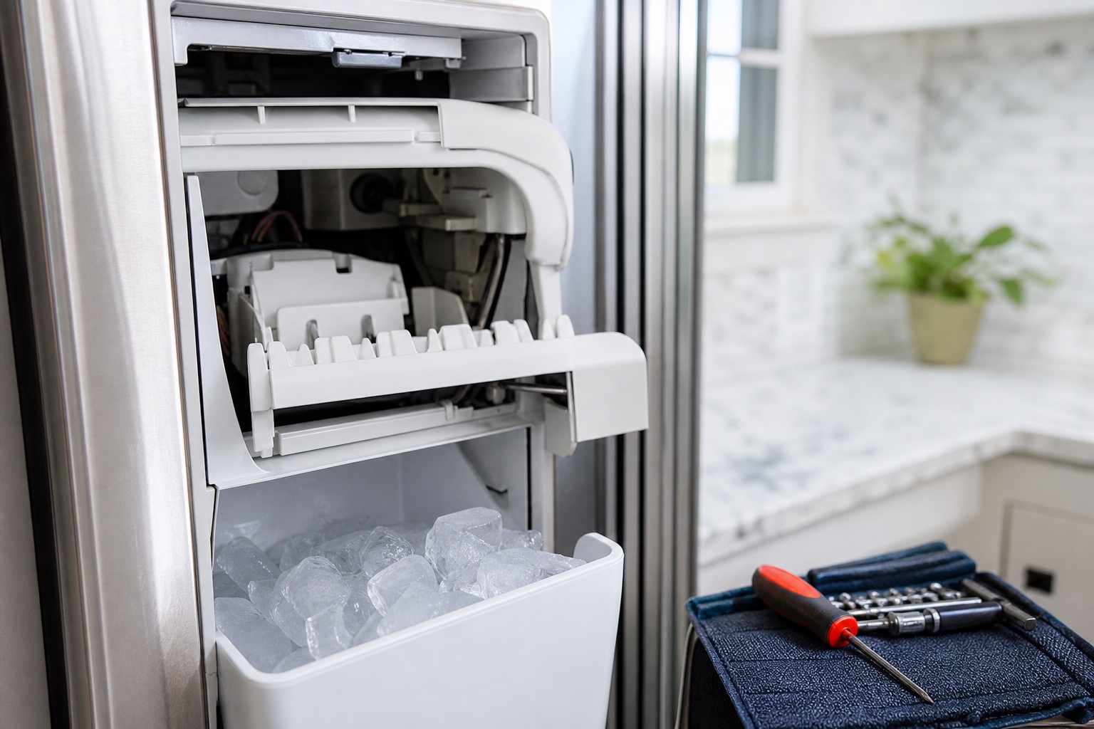 Ice maker diagnosis visual in a clean kitchen