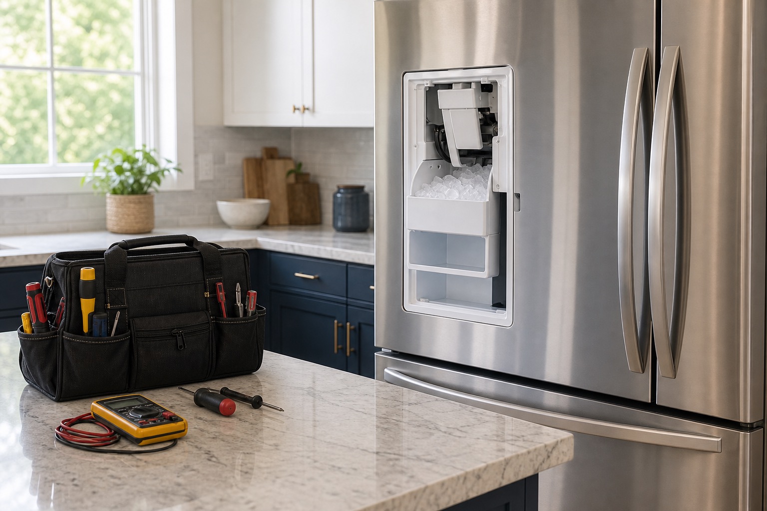 Ice maker repair booking visual in a clean home kitchen