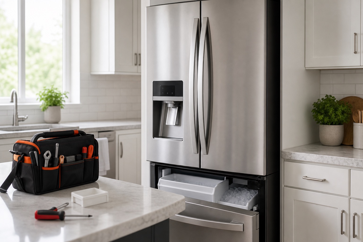 Ice maker repair service visual in a bright Southwest Florida kitchen