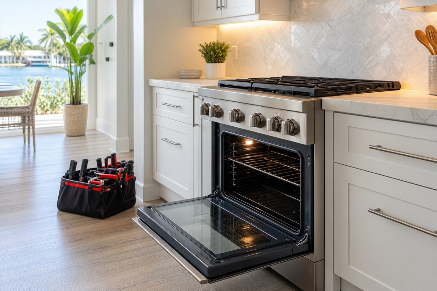 Oven and range repair service visual in a bright Southwest Florida kitchen