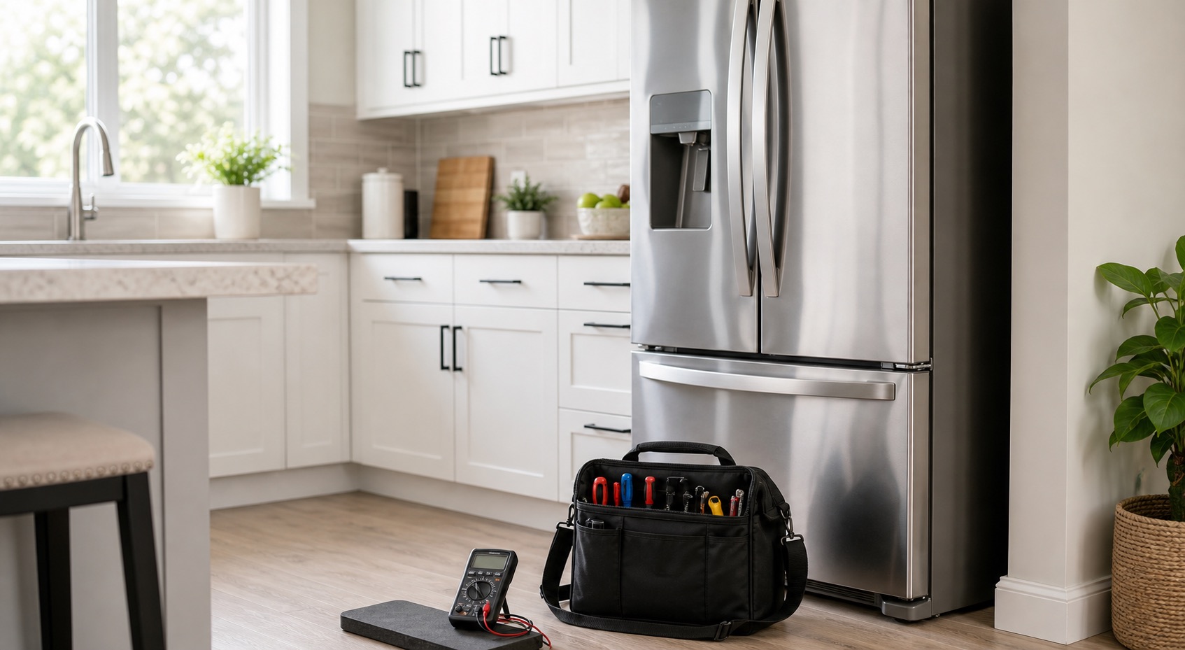 Technician discussing repeated refrigerator clicking and service options
