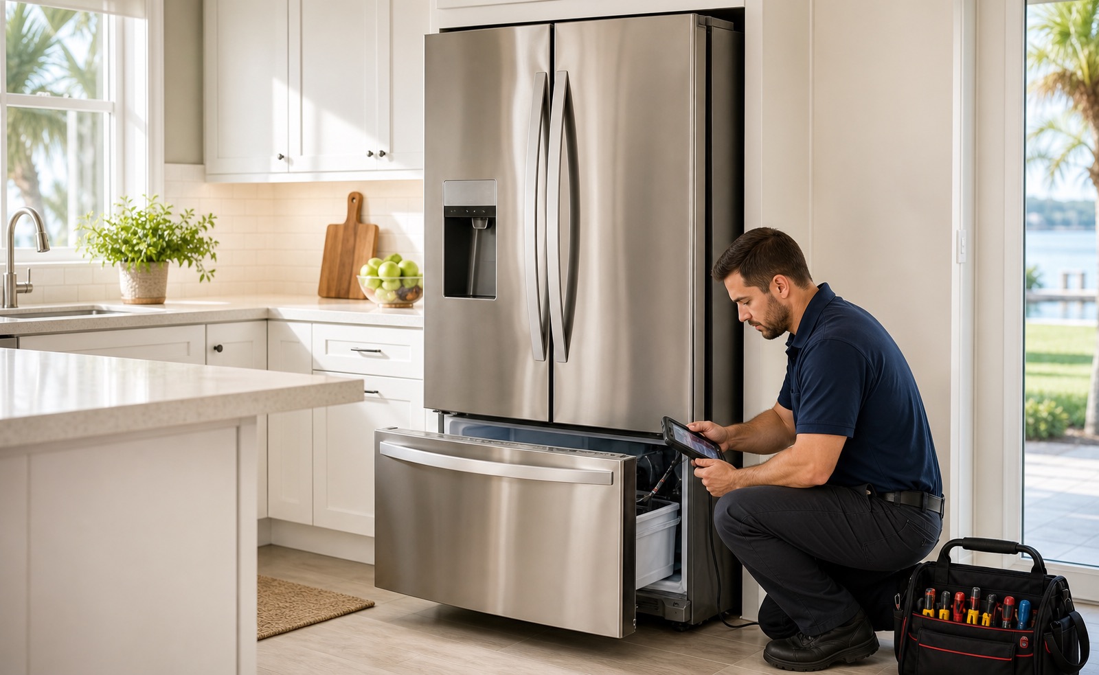 Refrigerator repair service visual with a technician in a bright Southwest Florida home kitchen