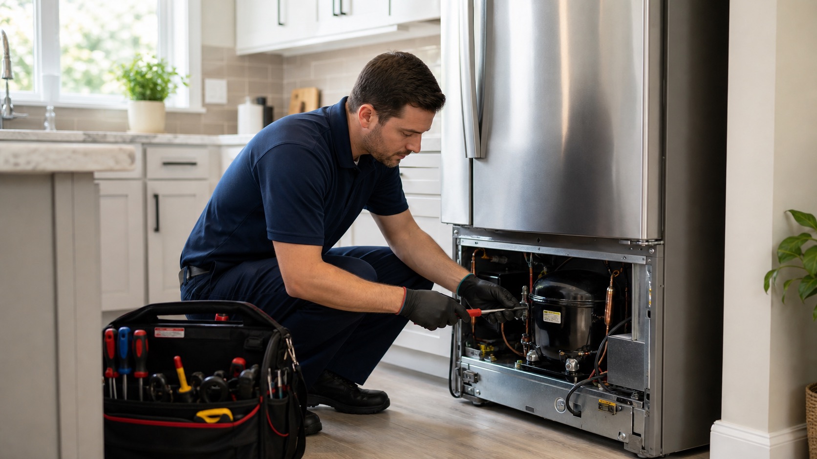 Technician checking a refrigerator after a power outage