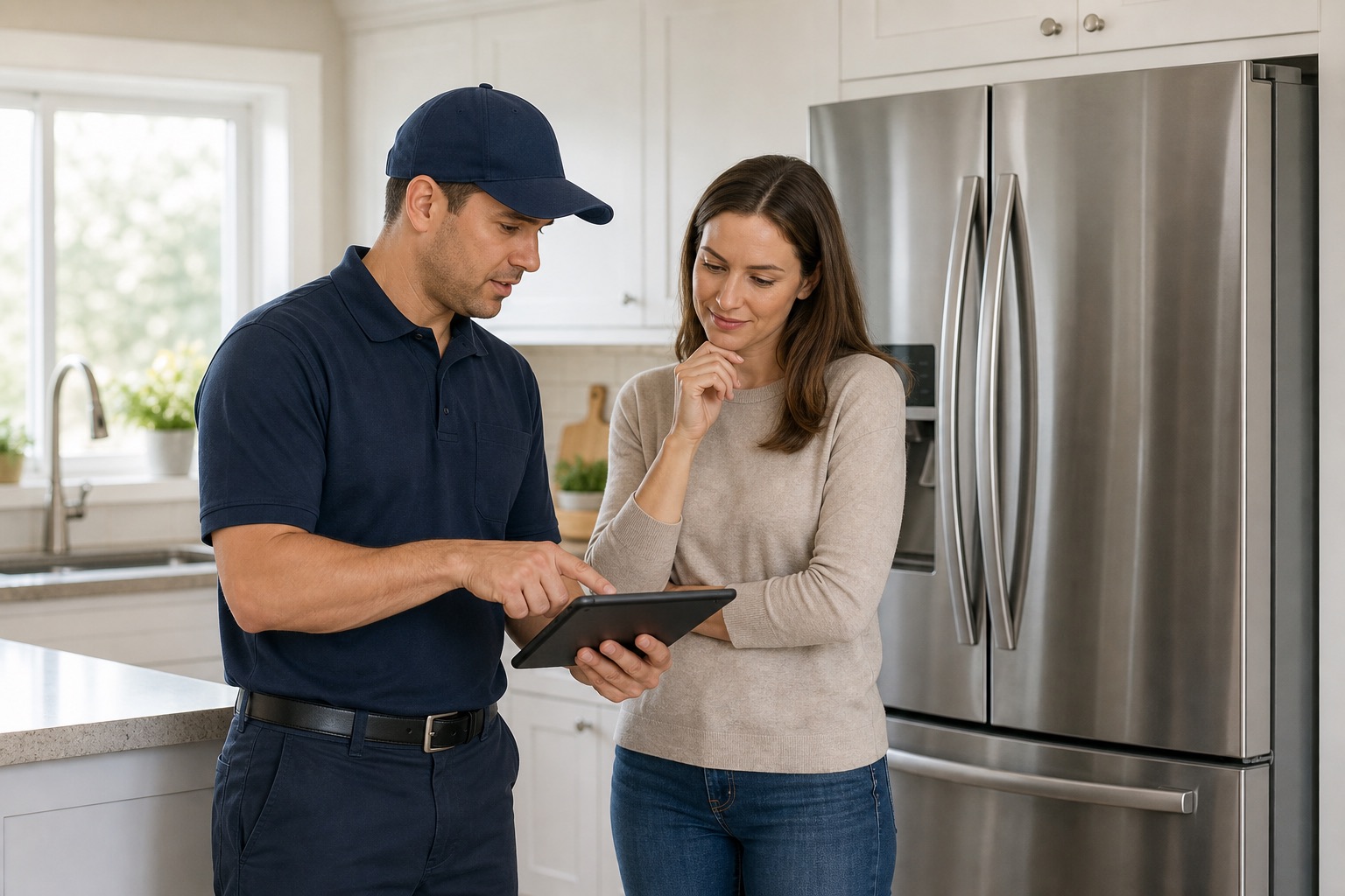 Technician explaining refrigerator repair options to a homeowner