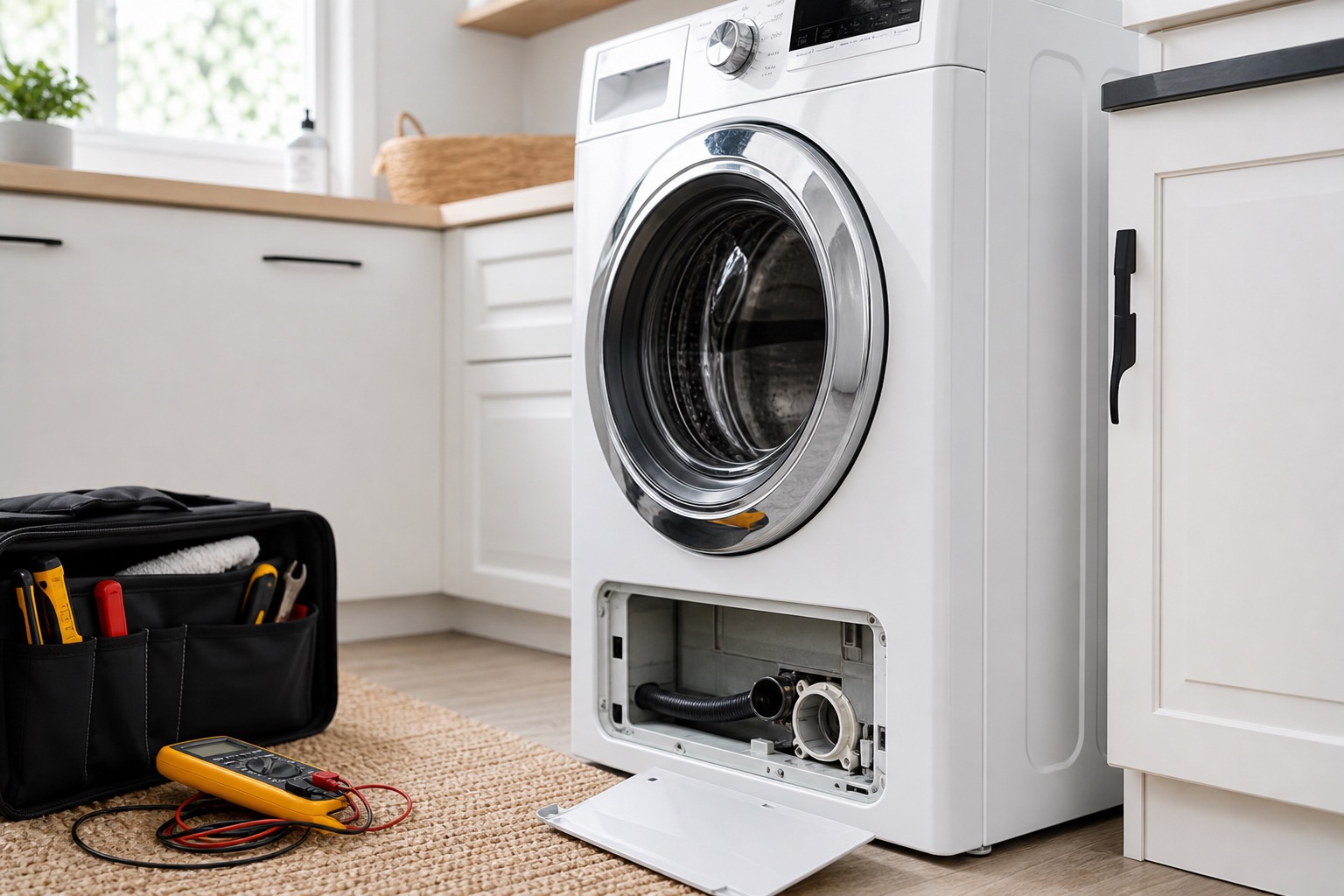 Washer diagnostic tools beside a front-load washer in Fort Myers